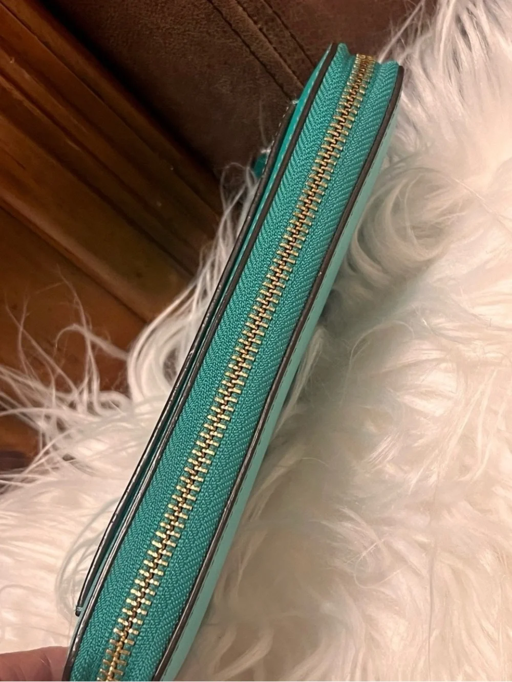 COACH Teal Zip-Around Leather Wallet with Gold Logo